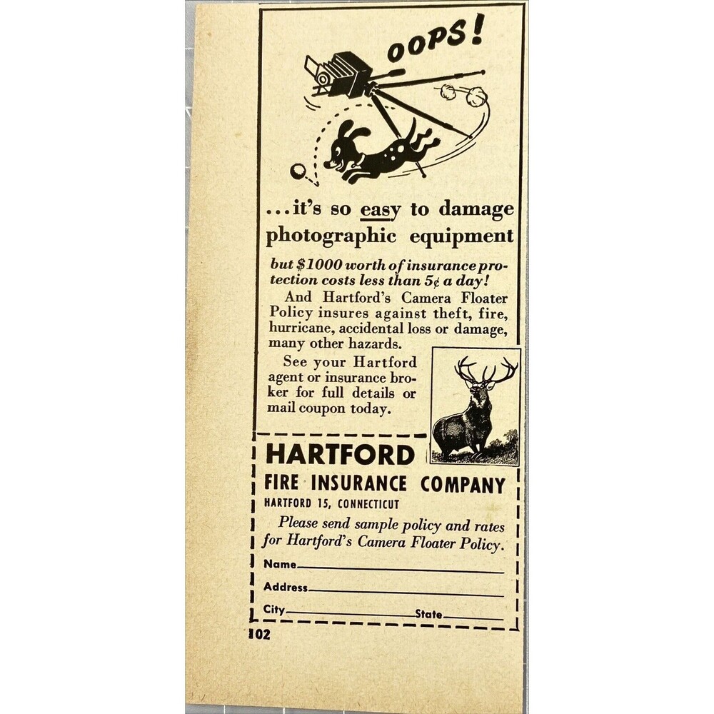 Hartford Fire Insurance Co. "Its Easy to damage Photographic Equipment" Ad 1949